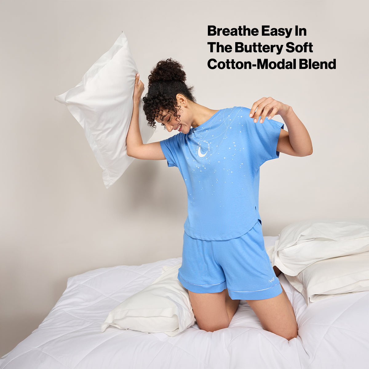 NYKD BY NYKAA BUTTERY SOFT MODAL COTTON SHORTS COORD SET WITH ROUND NECK GRAPHIC TEE NYS940 BLUE