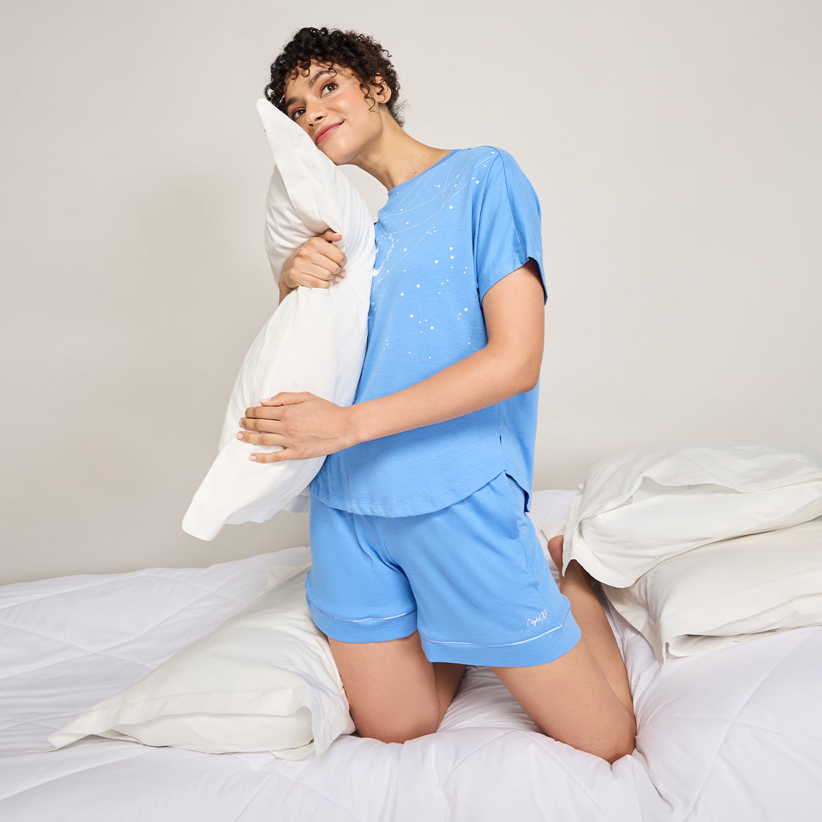 NYKD BY NYKAA BUTTERY SOFT MODAL COTTON SHORTS COORD SET WITH ROUND NECK GRAPHIC TEE NYS940 BLUE