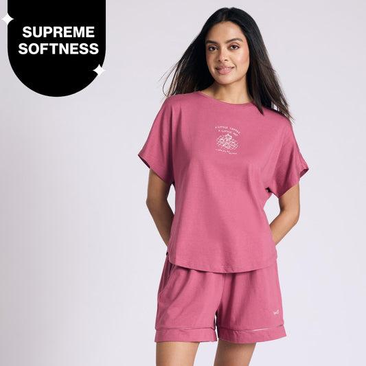 Nykd by Nykaa Buttery Soft Modal Cotton Shorts Coord Set With Round Neck Graphic Tee Nys940 Grape Coffee