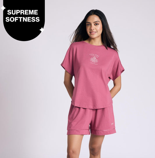 "Nykd by Nykaa Buttery Soft Modal Cotton Shorts Coord Set With Round Neck Graphic Tee Nys940 Grape Coffee"