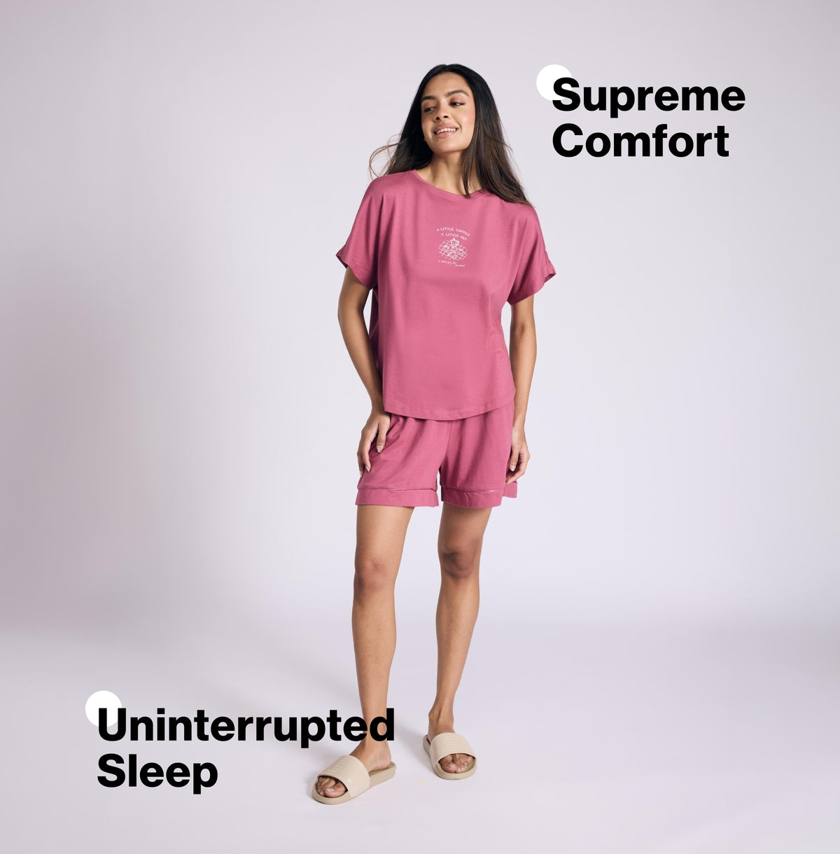 Nykd by Nykaa Buttery Soft Modal Cotton Shorts Coord Set With Round Neck Graphic Tee Nys940 Grape Coffee