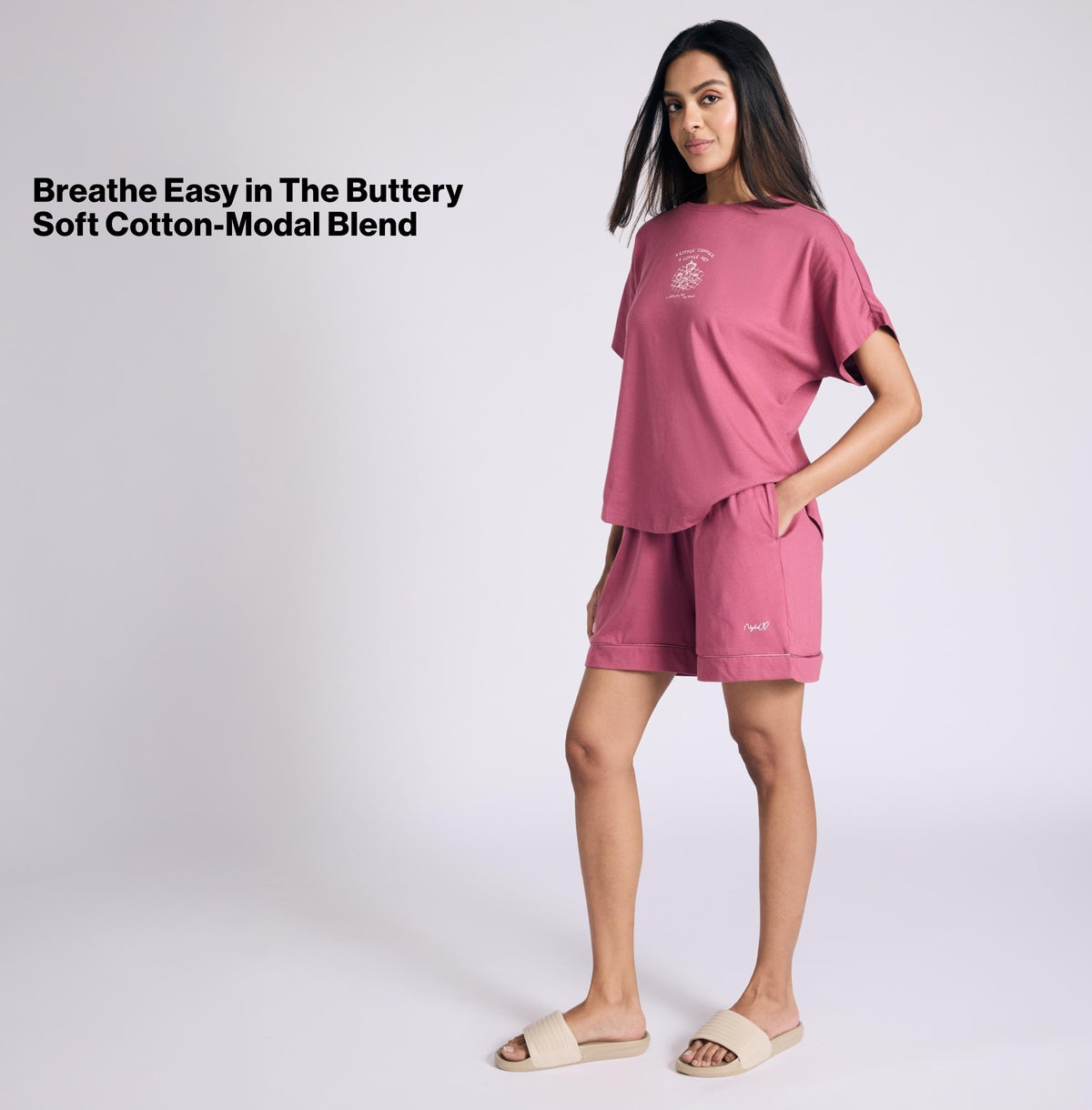 Nykd by Nykaa Buttery Soft Modal Cotton Shorts Coord Set With Round Neck Graphic Tee Nys940 Grape Coffee