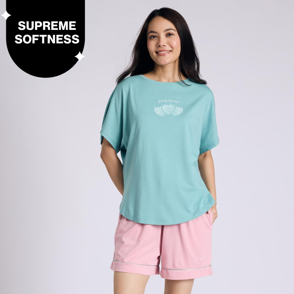 Nykd by Nykaa Buttery Soft Modal Cotton Shorts Coord Set With Round Neck Graphic Tee Nys940 Green Heart