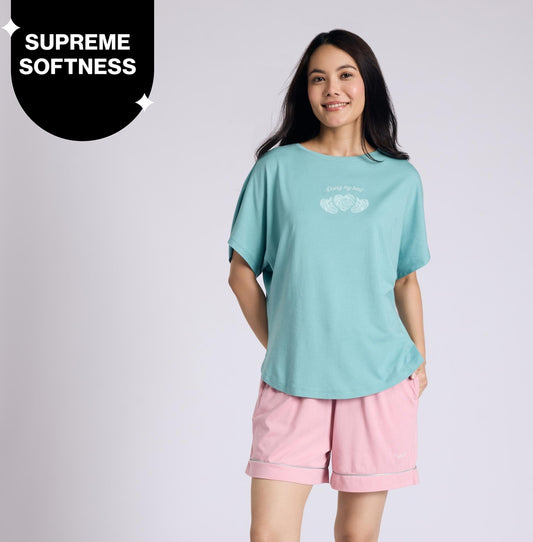 "Nykd by Nykaa Buttery Soft Modal Cotton Shorts Coord Set With Round Neck Graphic Tee Nys940 Green Heart"