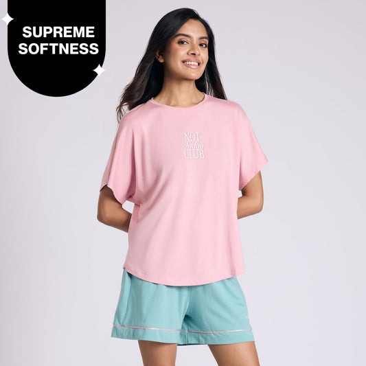 Nykd by Nykaa Buttery Soft Modal Cotton Shorts Coord Set With Round Neck Graphic Tee Nys940 Pink Club