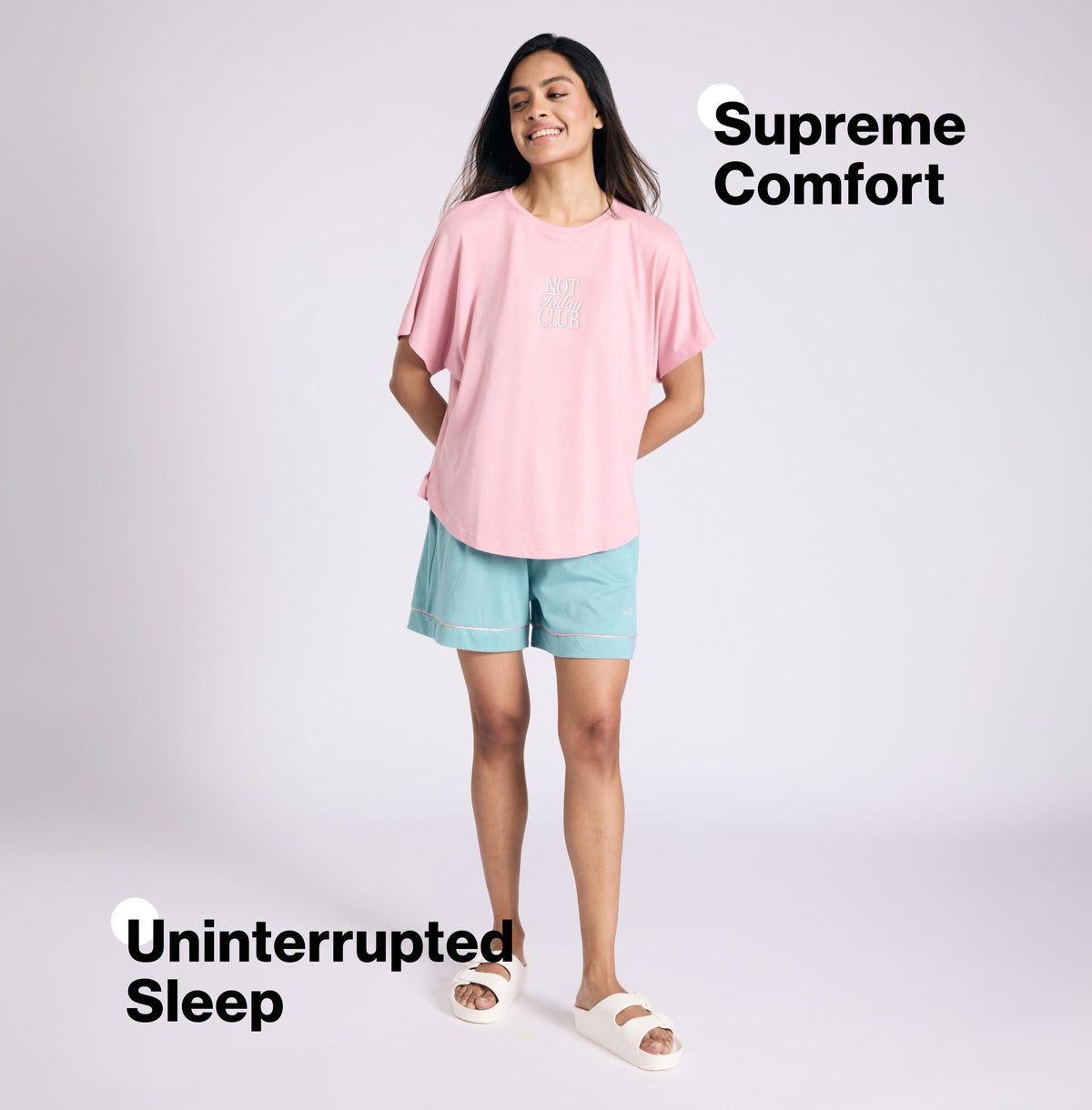 Nykd by Nykaa Buttery Soft Modal Cotton Shorts Coord Set With Round Neck Graphic Tee Nys940 Pink Club
