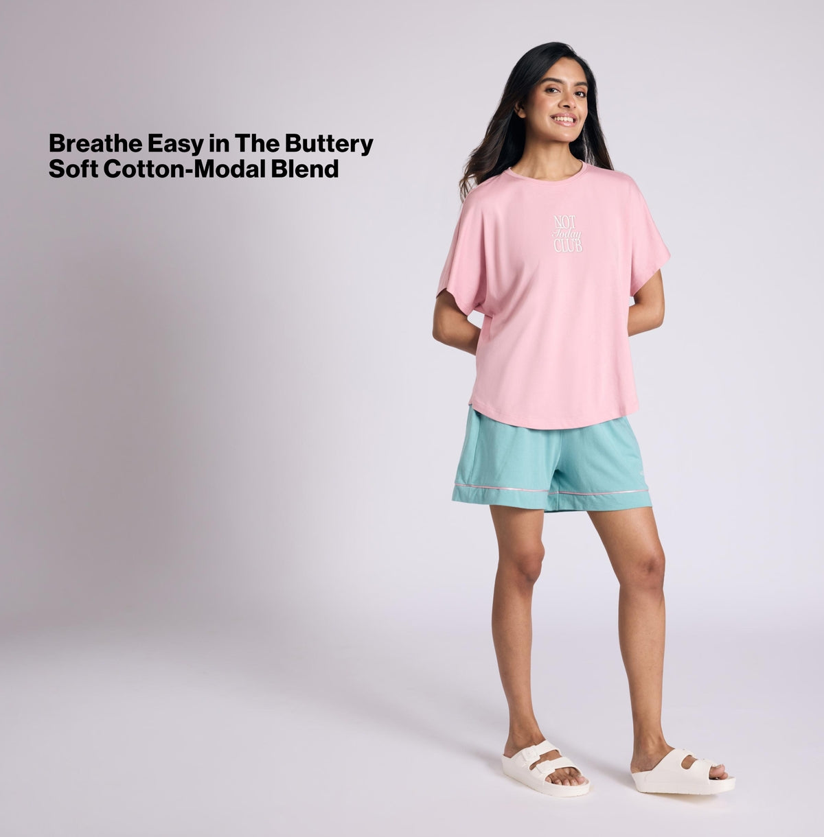 Nykd by Nykaa Buttery Soft Modal Cotton Shorts Coord Set With Round Neck Graphic Tee Nys940 Pink Club