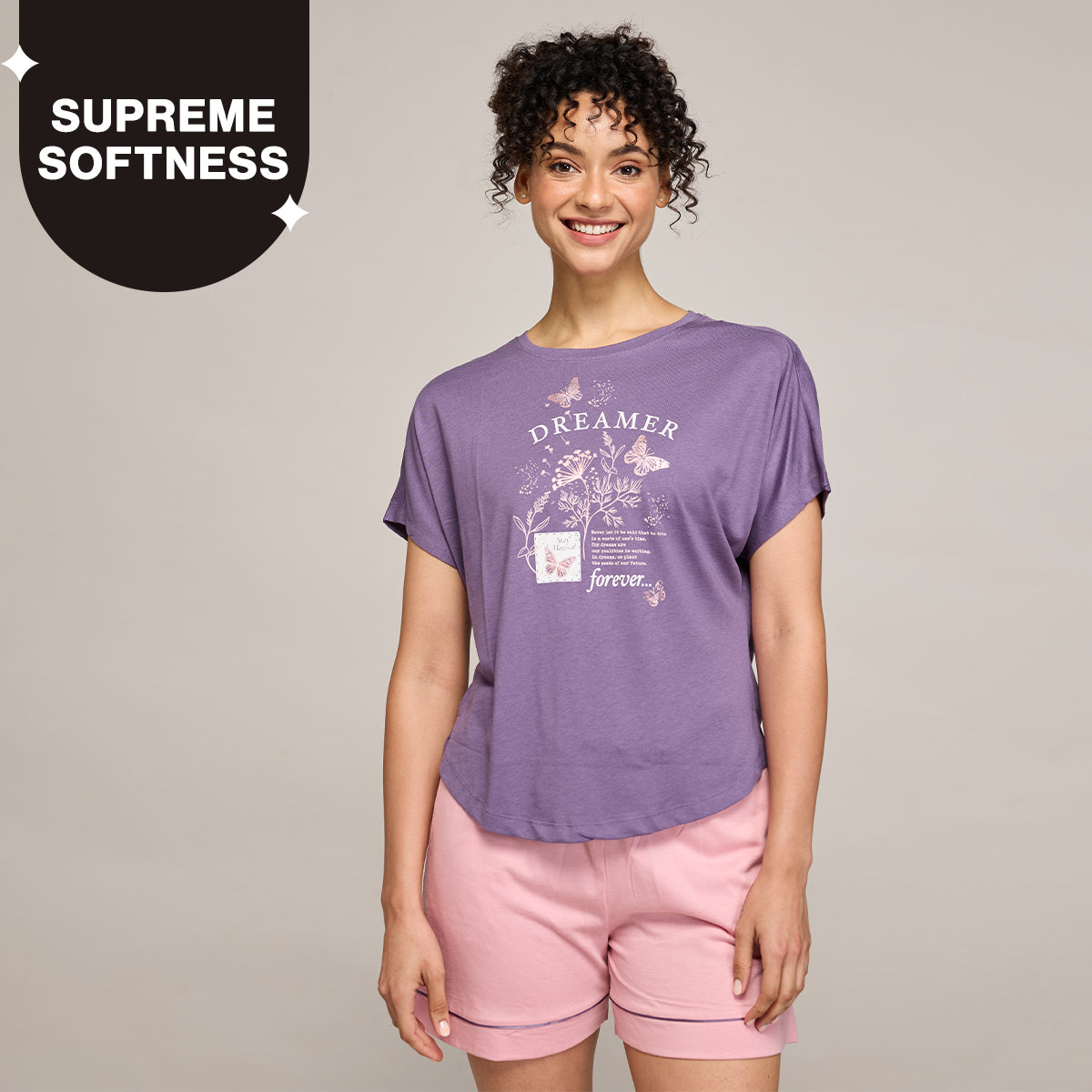 NYKD BY NYKAA BUTTERY SOFT MODAL COTTON SHORTS COORD SET WITH ROUND NECK GRAPHIC TEE NYS940 Purple