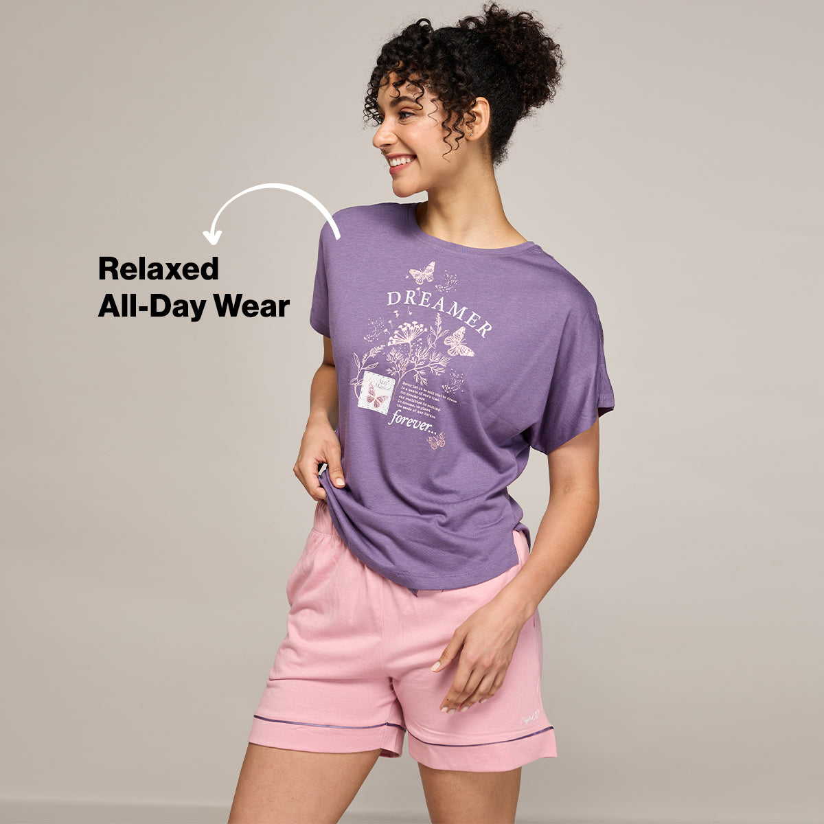 NYKD BY NYKAA BUTTERY SOFT MODAL COTTON SHORTS COORD SET WITH ROUND NECK GRAPHIC TEE NYS940 Purple