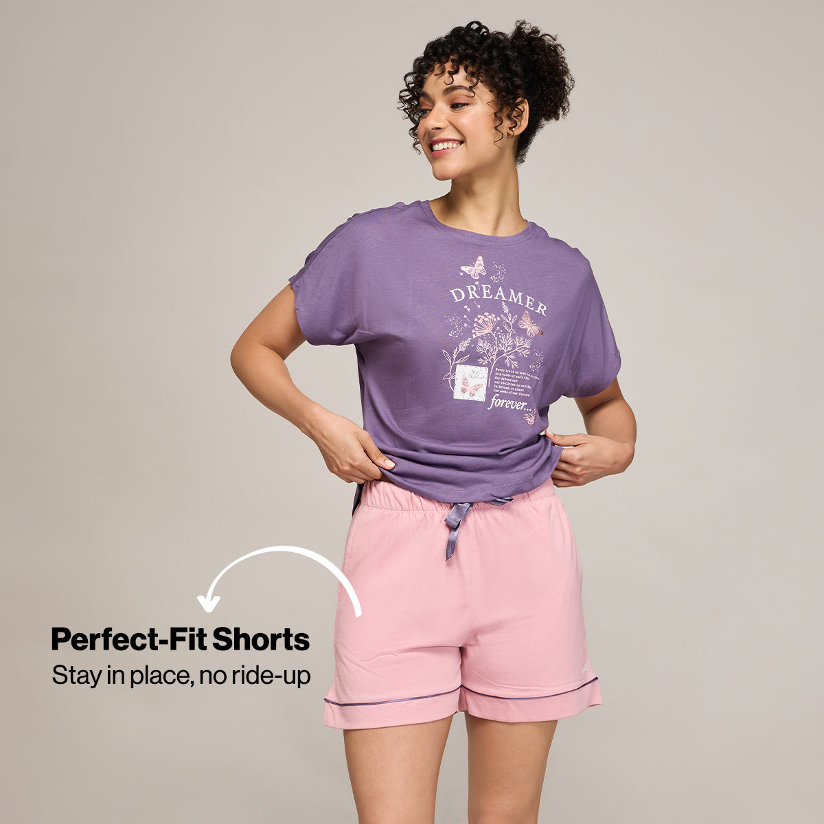 NYKD BY NYKAA BUTTERY SOFT MODAL COTTON SHORTS COORD SET WITH ROUND NECK GRAPHIC TEE NYS940 Purple
