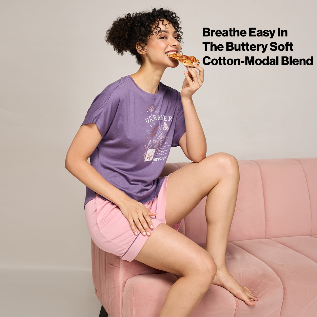 NYKD BY NYKAA BUTTERY SOFT MODAL COTTON SHORTS COORD SET WITH ROUND NECK GRAPHIC TEE NYS940 Purple