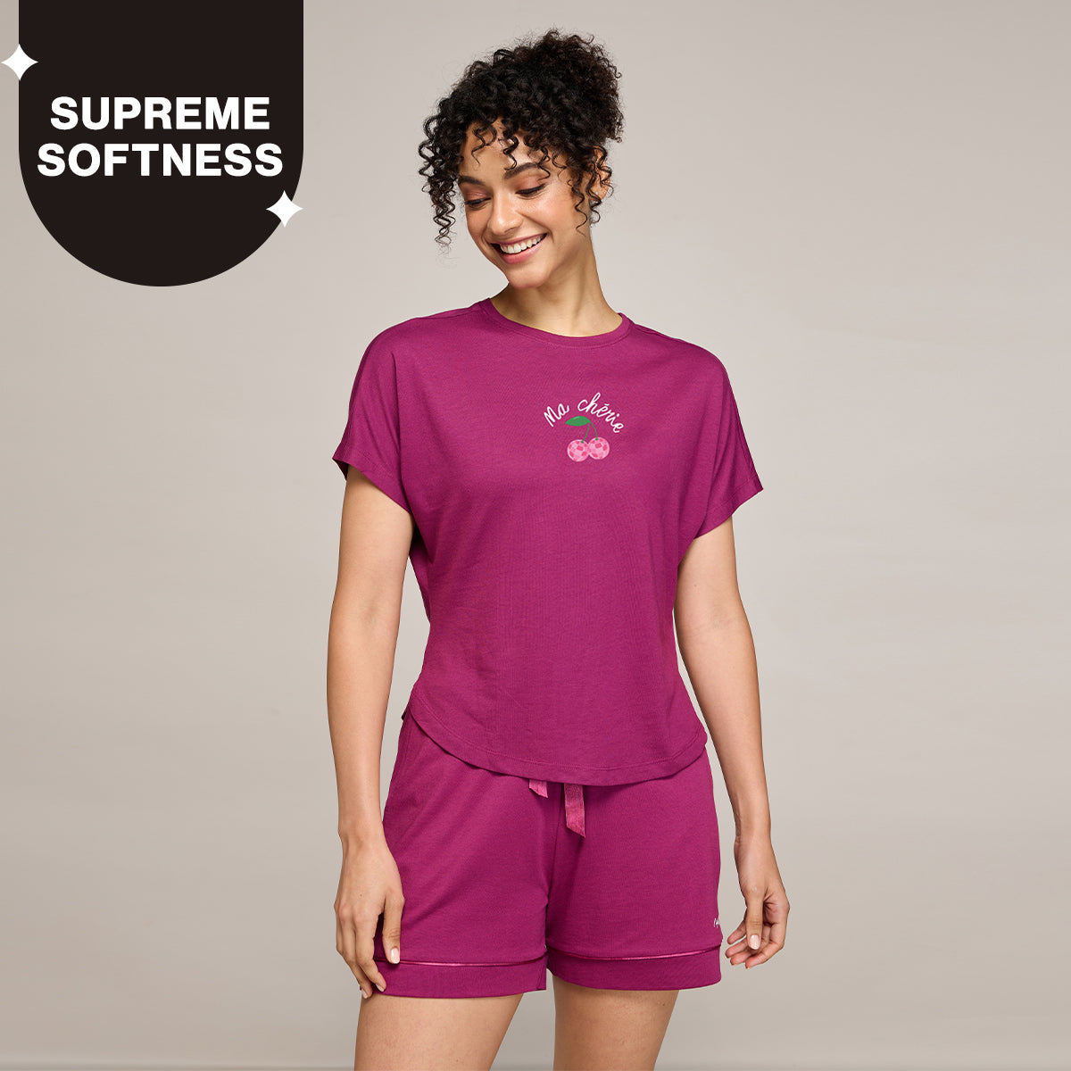 NYKD BY NYKAA BUTTERY SOFT MODAL COTTON SHORTS COORD SET WITH ROUND NECK GRAPHIC TEE NYS940 WINE