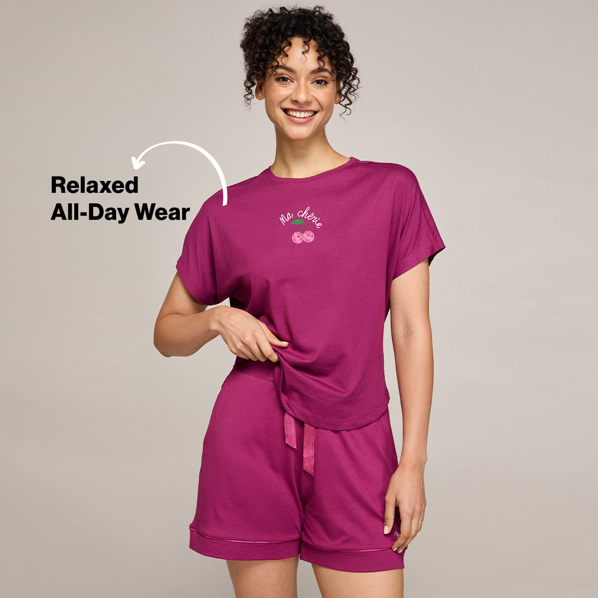 NYKD BY NYKAA BUTTERY SOFT MODAL COTTON SHORTS COORD SET WITH ROUND NECK GRAPHIC TEE NYS940 WINE