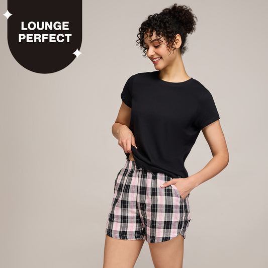 Nykd By Nykaa Essential Cotton Shorts Coord Set With Crew Neck Cotton Knit Tee Nys942 Black