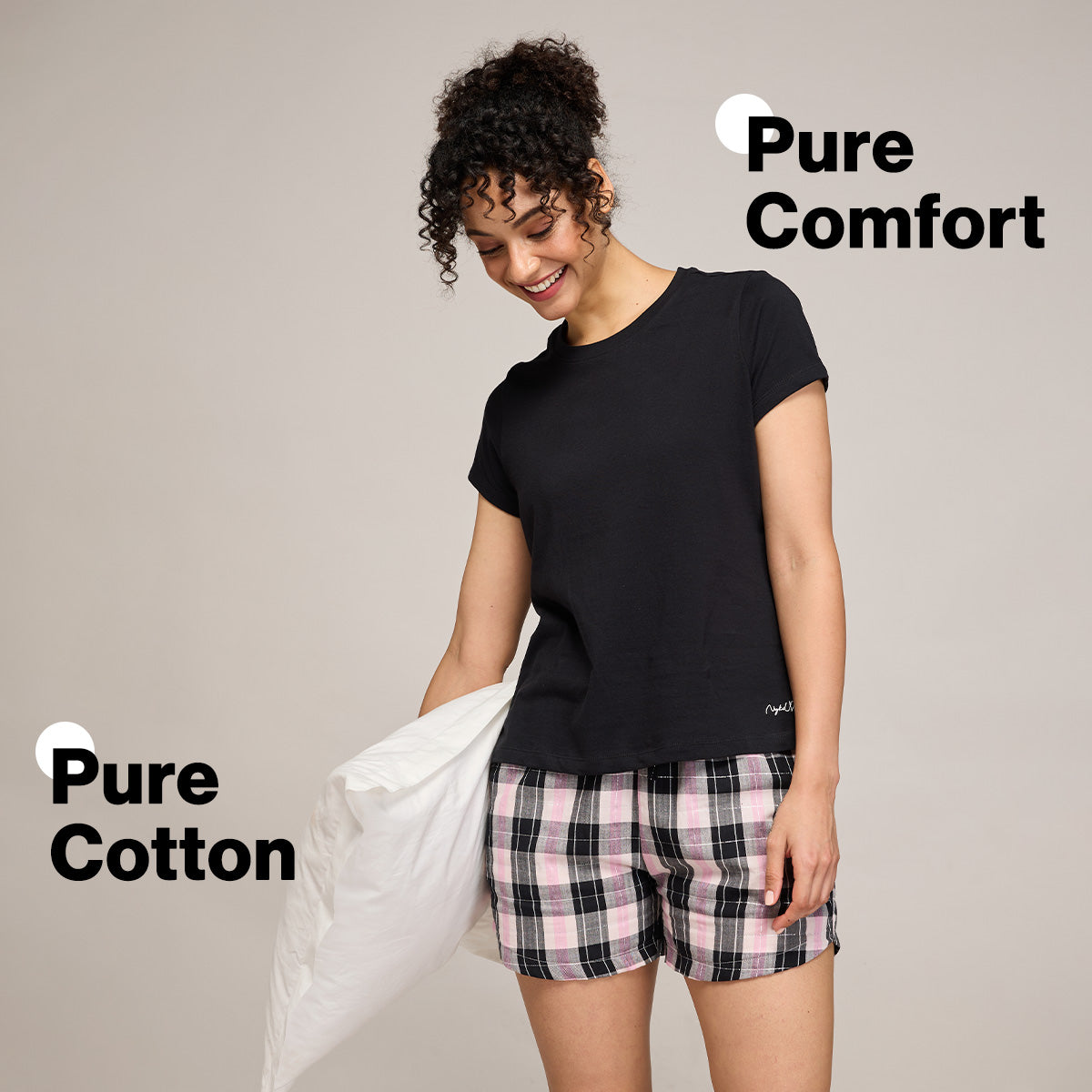 Nykd By Nykaa Essential Cotton Shorts Coord Set With Crew Neck Cotton Knit Tee Nys942 Black