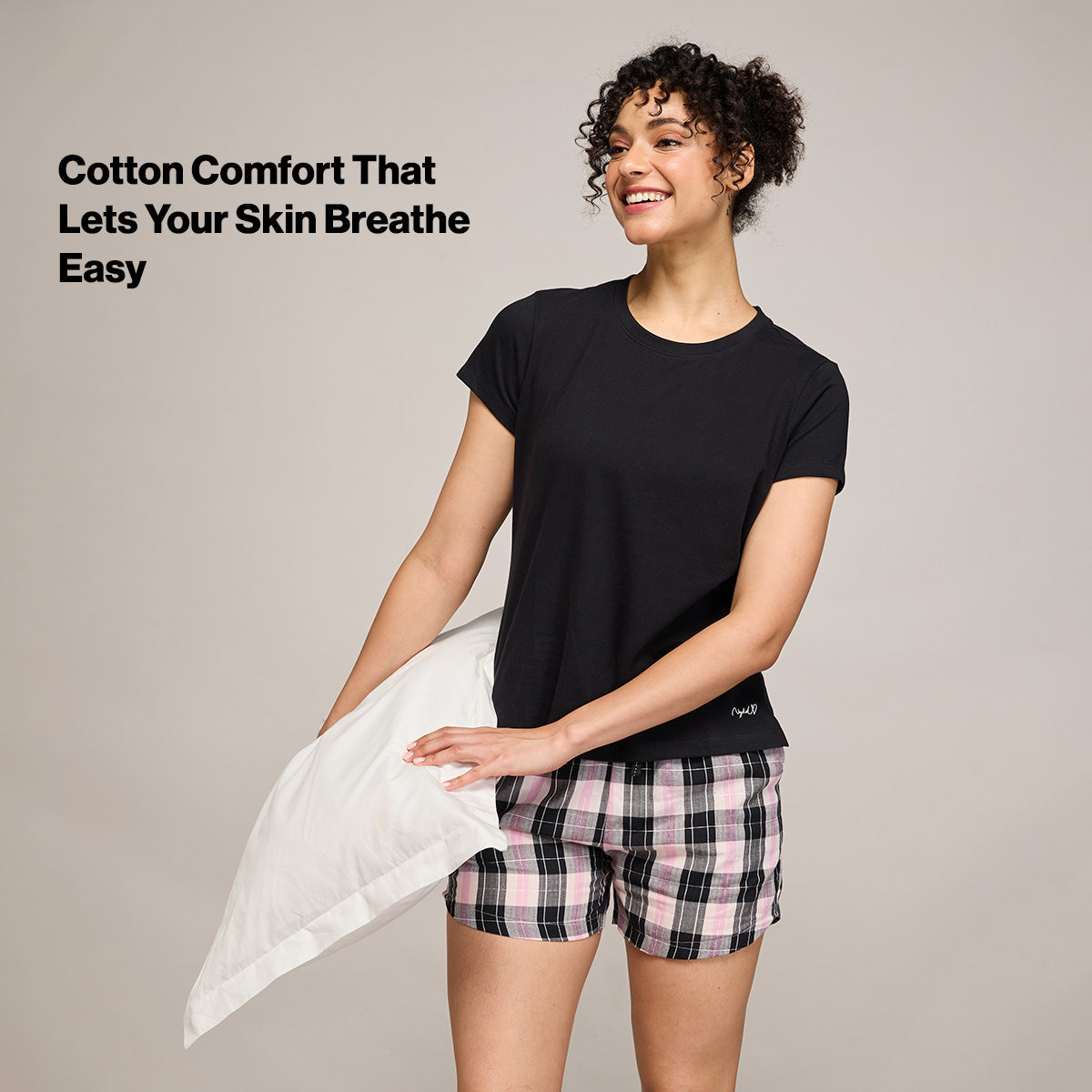 Nykd By Nykaa Essential Cotton Shorts Coord Set With Crew Neck Cotton Knit Tee Nys942 Black