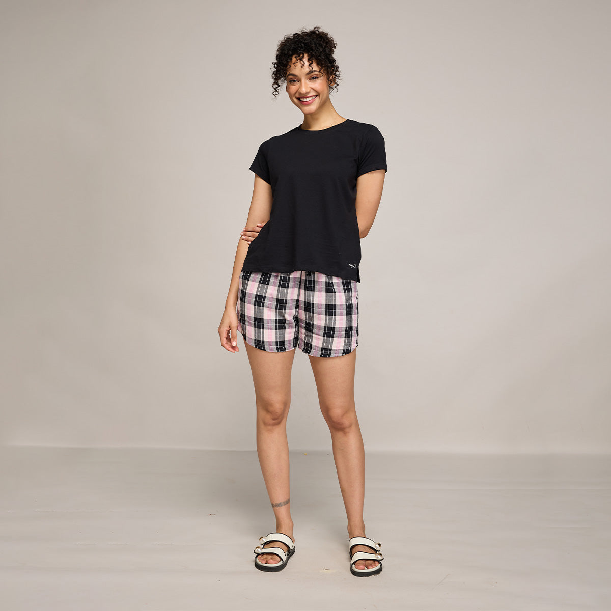 Nykd By Nykaa Essential Cotton Shorts Coord Set With Crew Neck Cotton Knit Tee Nys942 Black
