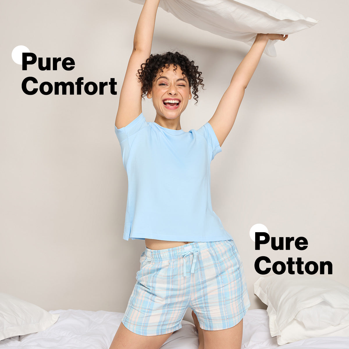 Nykd By Nykaa Essential Cotton Shorts Coord Set With Crew Neck Cotton Knit Tee Nys942 Blue