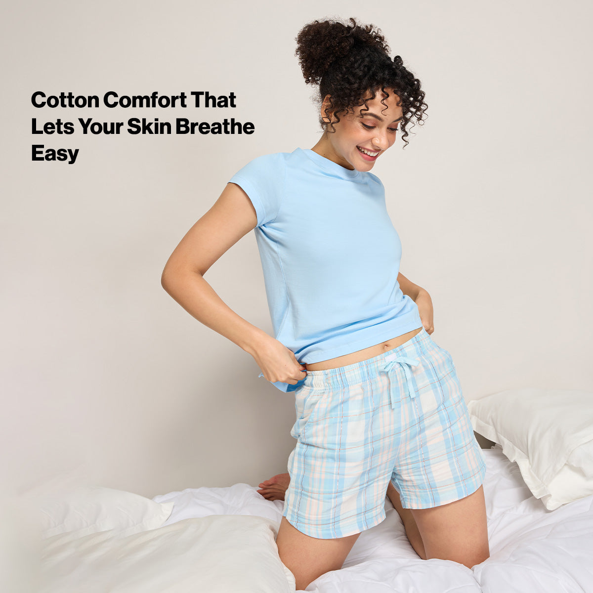 Nykd By Nykaa Essential Cotton Shorts Coord Set With Crew Neck Cotton Knit Tee Nys942 Blue