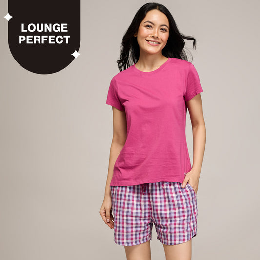 Nykd By Nykaa Essential Cotton Shorts Coord Set With Crew Neck Cotton Knit Tee Nys942 Grape