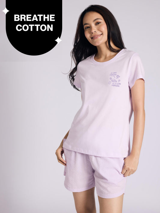 Nykd by Nykaa Essential Cotton Shorts Coord Set With Crew Neck Cotton Knit Tee Nys942 Lavender Seer