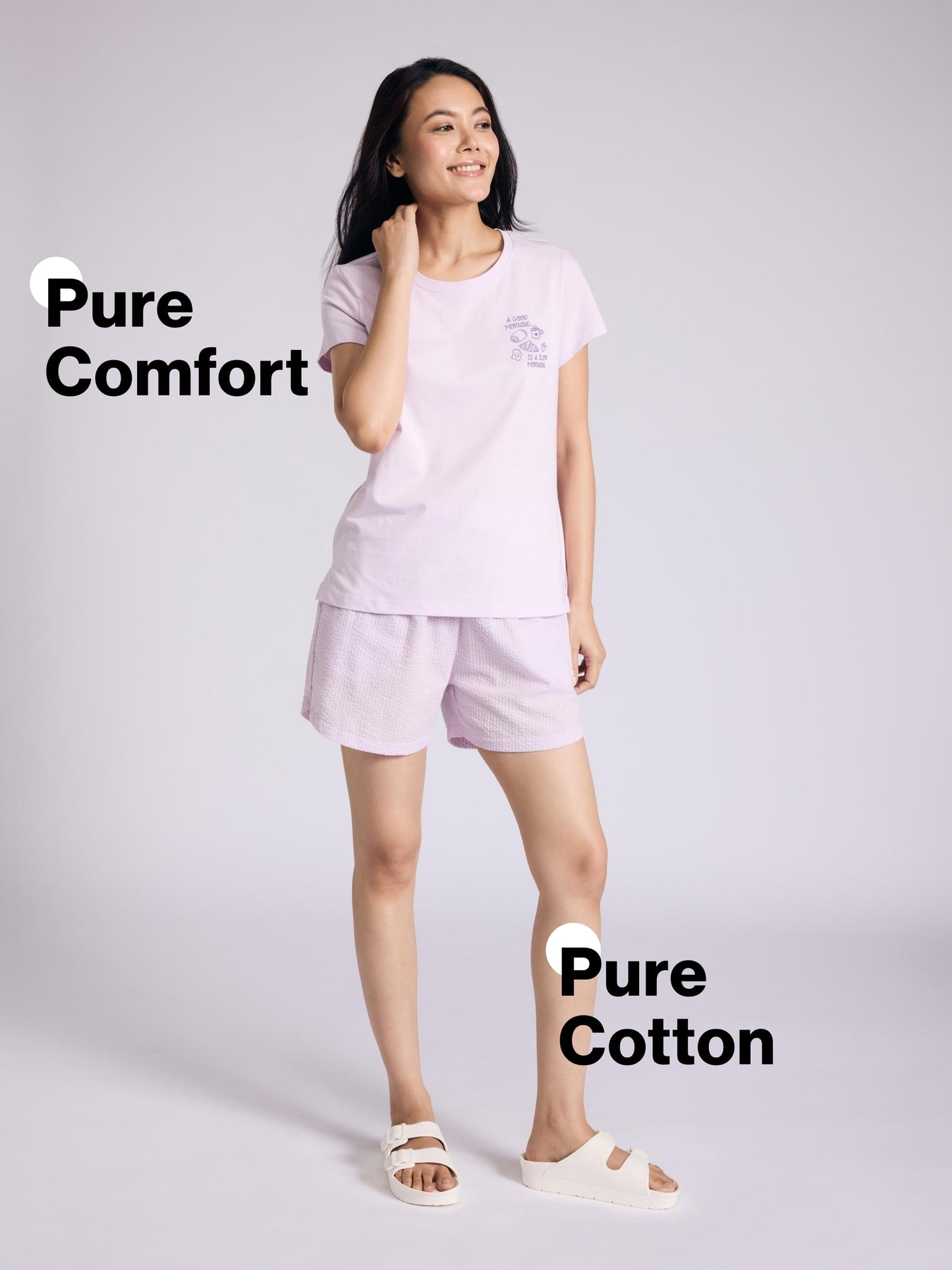 Nykd by Nykaa Essential Cotton Shorts Coord Set With Crew Neck Cotton Knit Tee Nys942 Lavender Seer