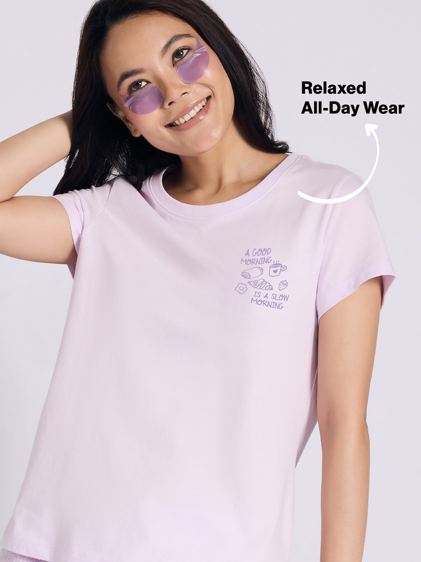Nykd by Nykaa Essential Cotton Shorts Coord Set With Crew Neck Cotton Knit Tee Nys942 Lavender Seer