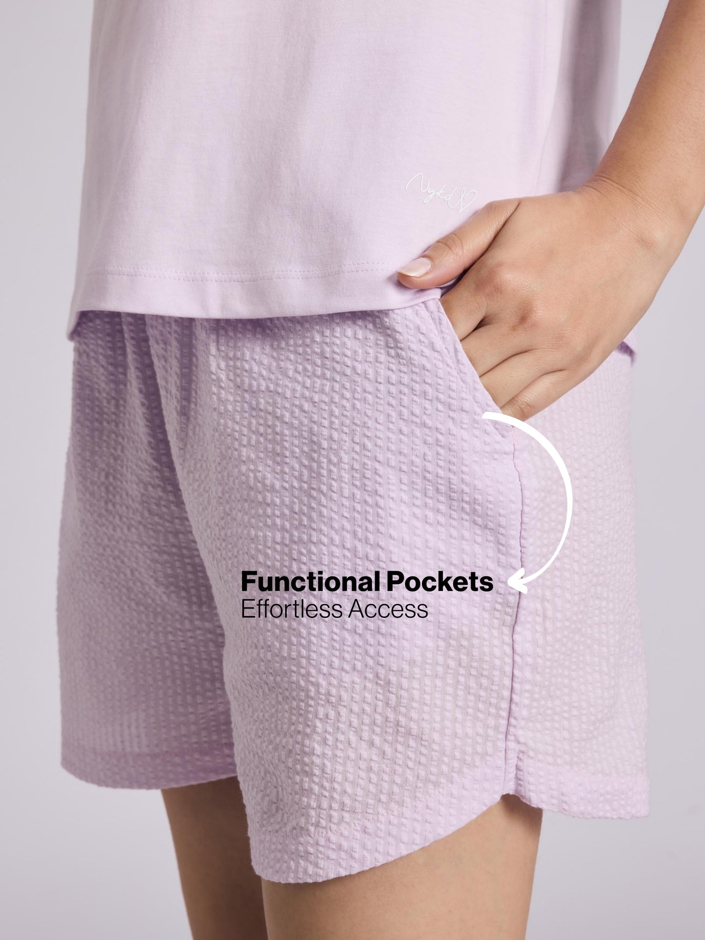 Nykd by Nykaa Essential Cotton Shorts Coord Set With Crew Neck Cotton Knit Tee Nys942 Lavender Seer