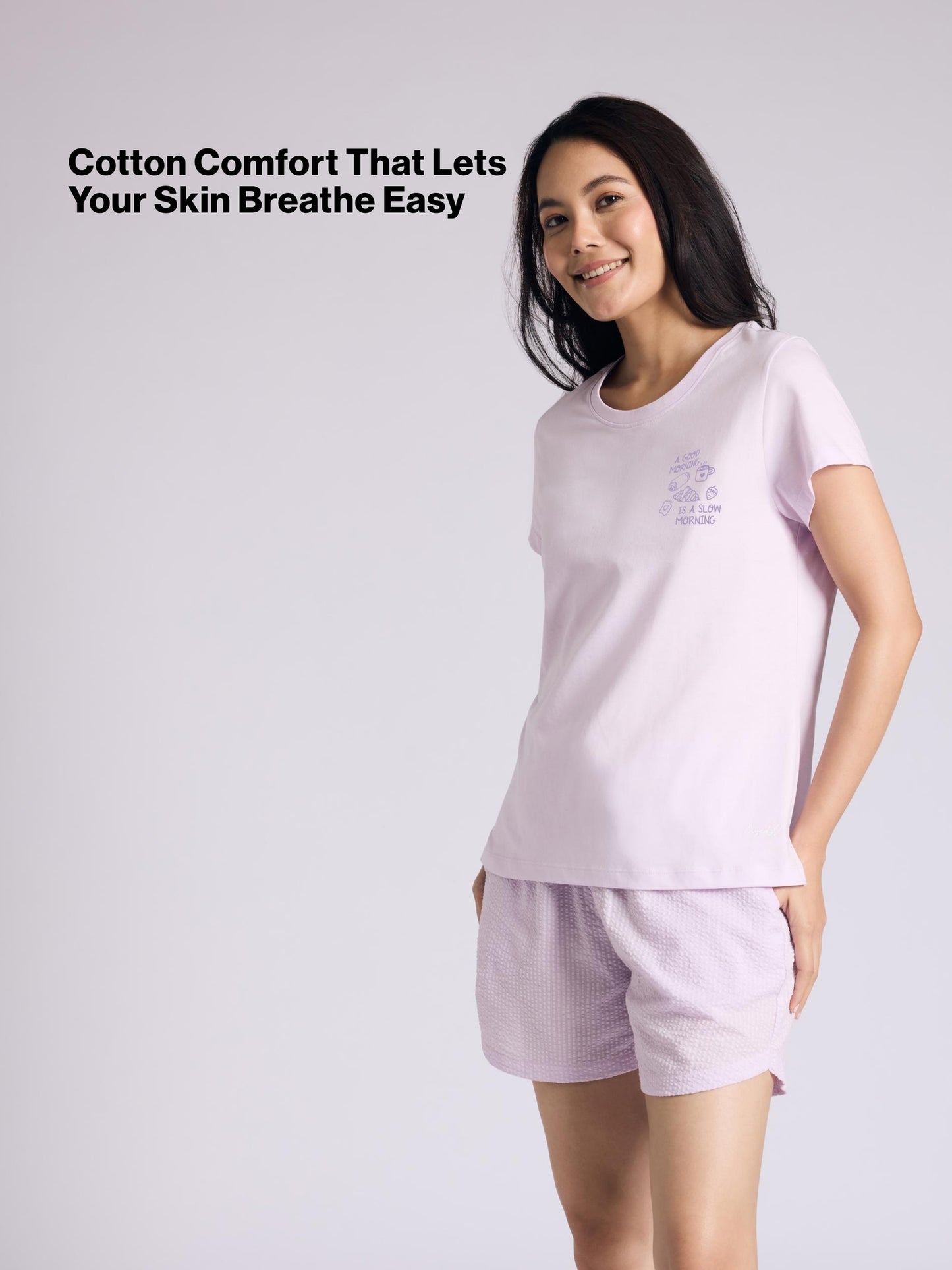 Nykd by Nykaa Essential Cotton Shorts Coord Set With Crew Neck Cotton Knit Tee Nys942 Lavender Seer
