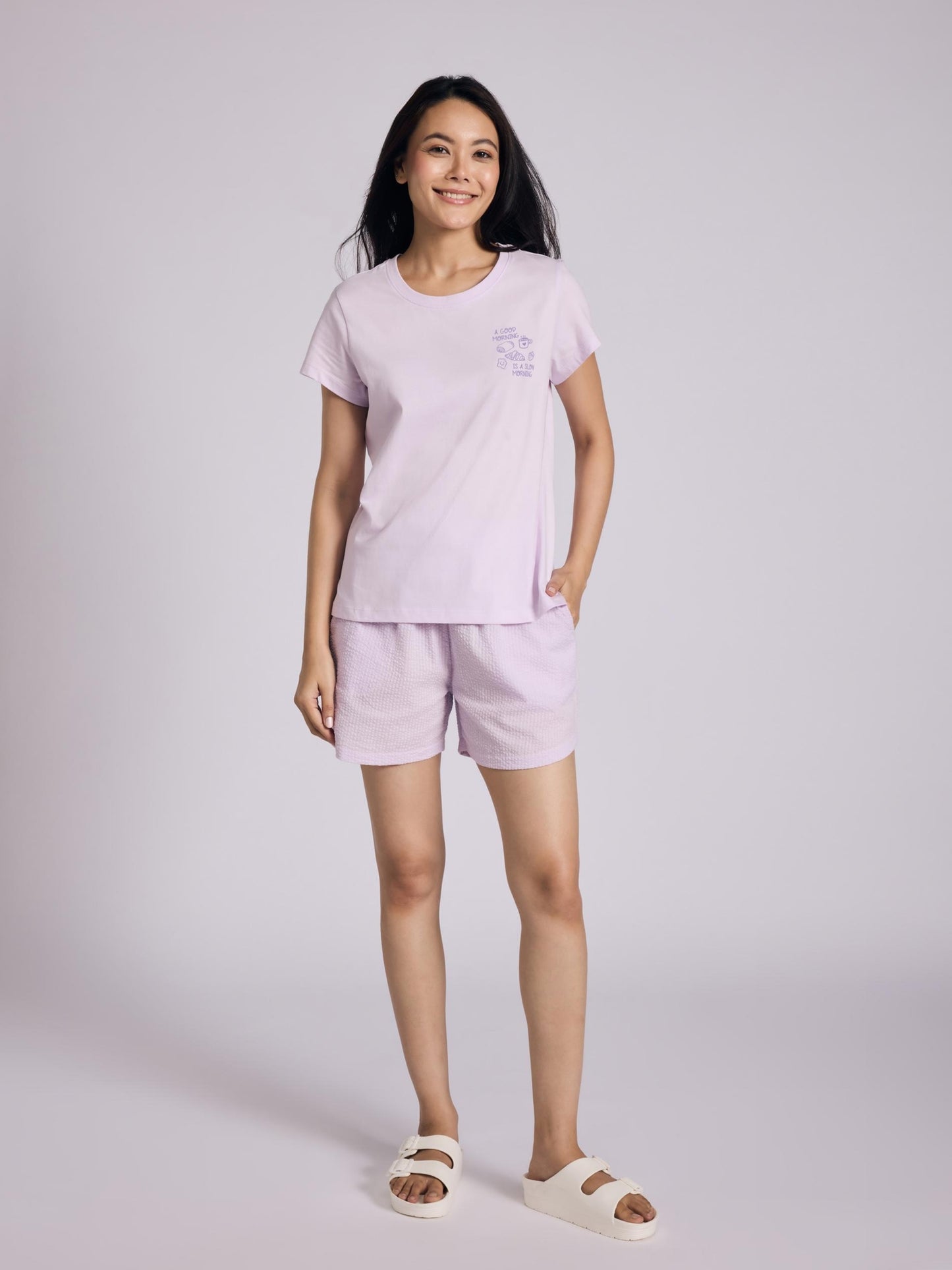 Nykd by Nykaa Essential Cotton Shorts Coord Set With Crew Neck Cotton Knit Tee Nys942 Lavender Seer