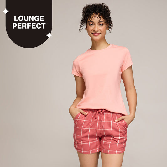 Nykd By Nykaa Essential Cotton Shorts Coord Set With Crew Neck Cotton Knit Tee Nys942 Peach & Brick Check