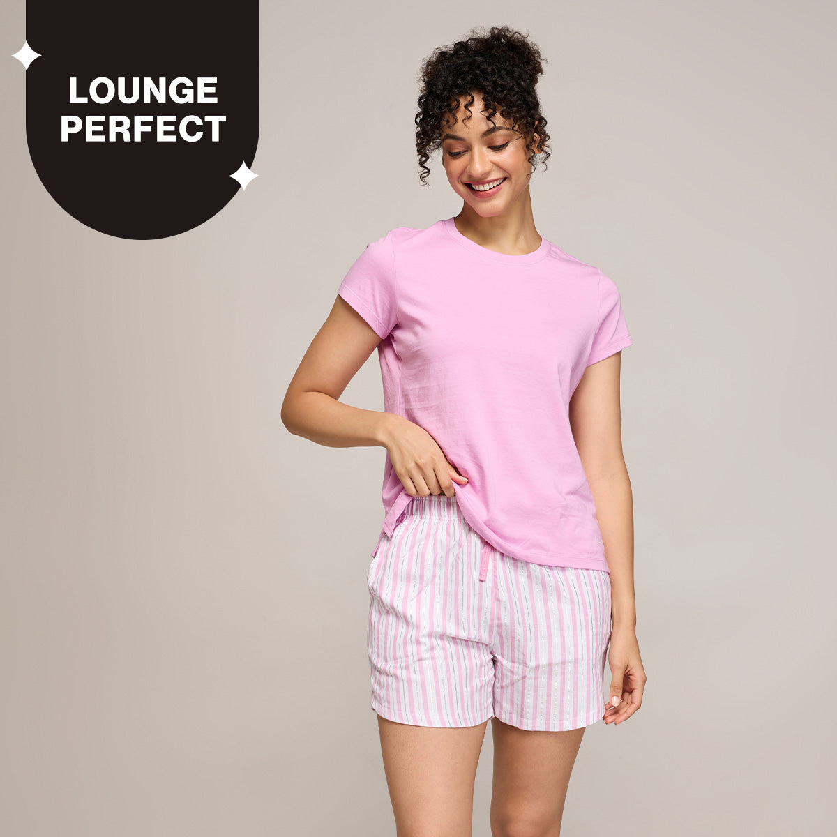 Nykd By Nykaa Essential Cotton Shorts Coord Set With Crew Neck Cotton Knit Tee Nys942 Pink