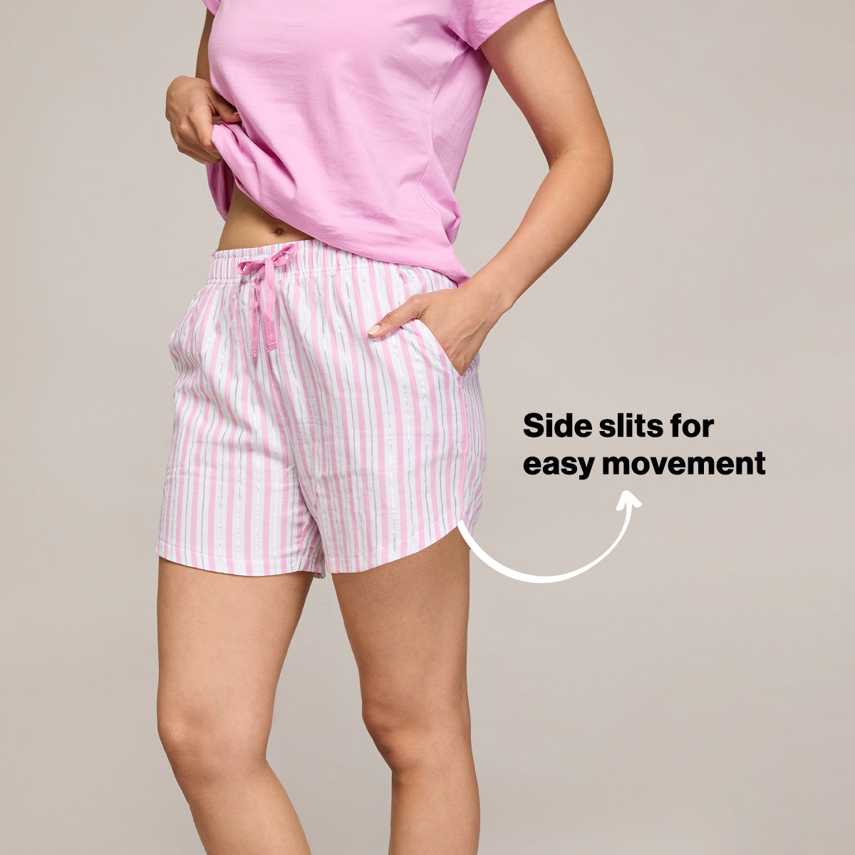 Nykd By Nykaa Essential Cotton Shorts Coord Set With Crew Neck Cotton Knit Tee Nys942 Pink