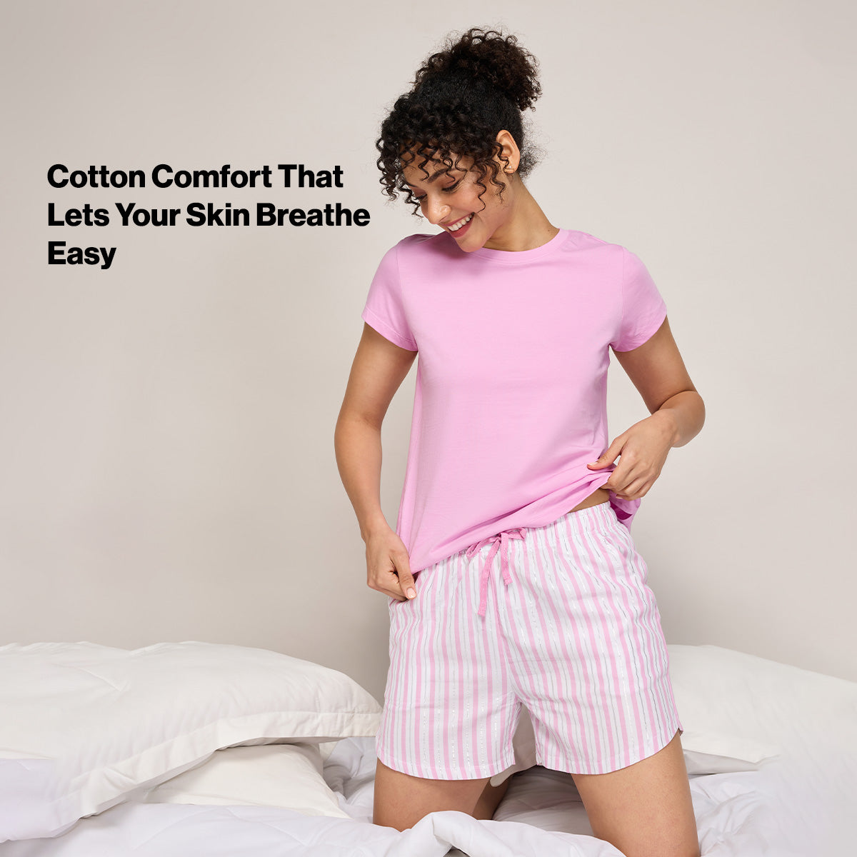 Nykd By Nykaa Essential Cotton Shorts Coord Set With Crew Neck Cotton Knit Tee Nys942 Pink