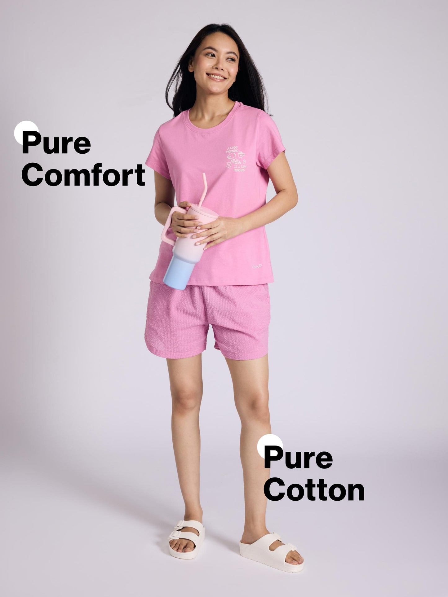 Nykd by Nykaa Essential Cotton Shorts Coord Set With Crew Neck Cotton Knit Tee Nys942 Pink Seer
