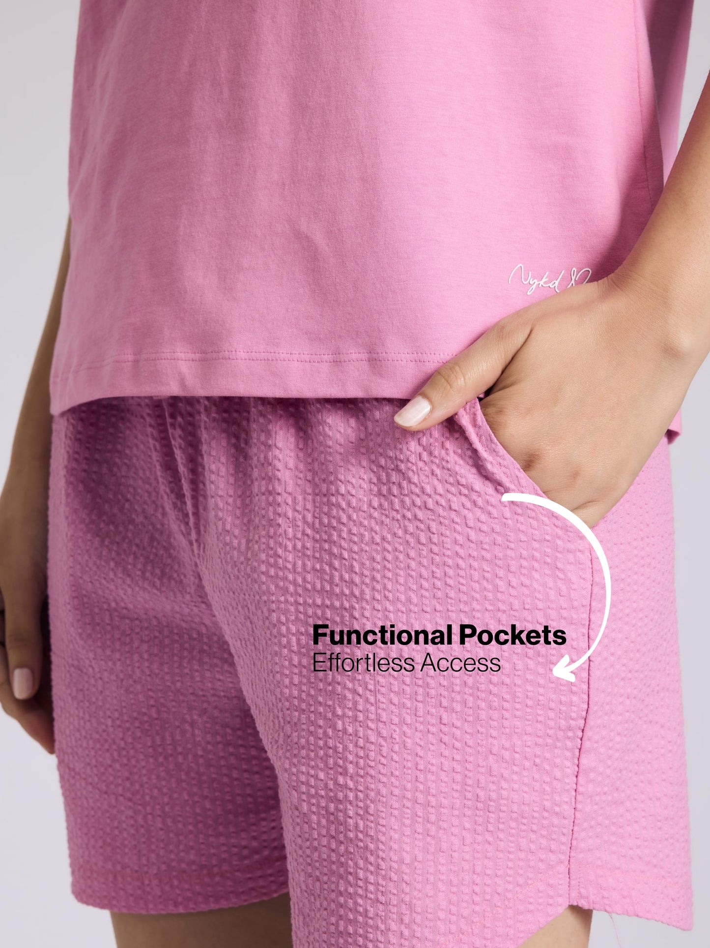 Nykd by Nykaa Essential Cotton Shorts Coord Set With Crew Neck Cotton Knit Tee Nys942 Pink Seer