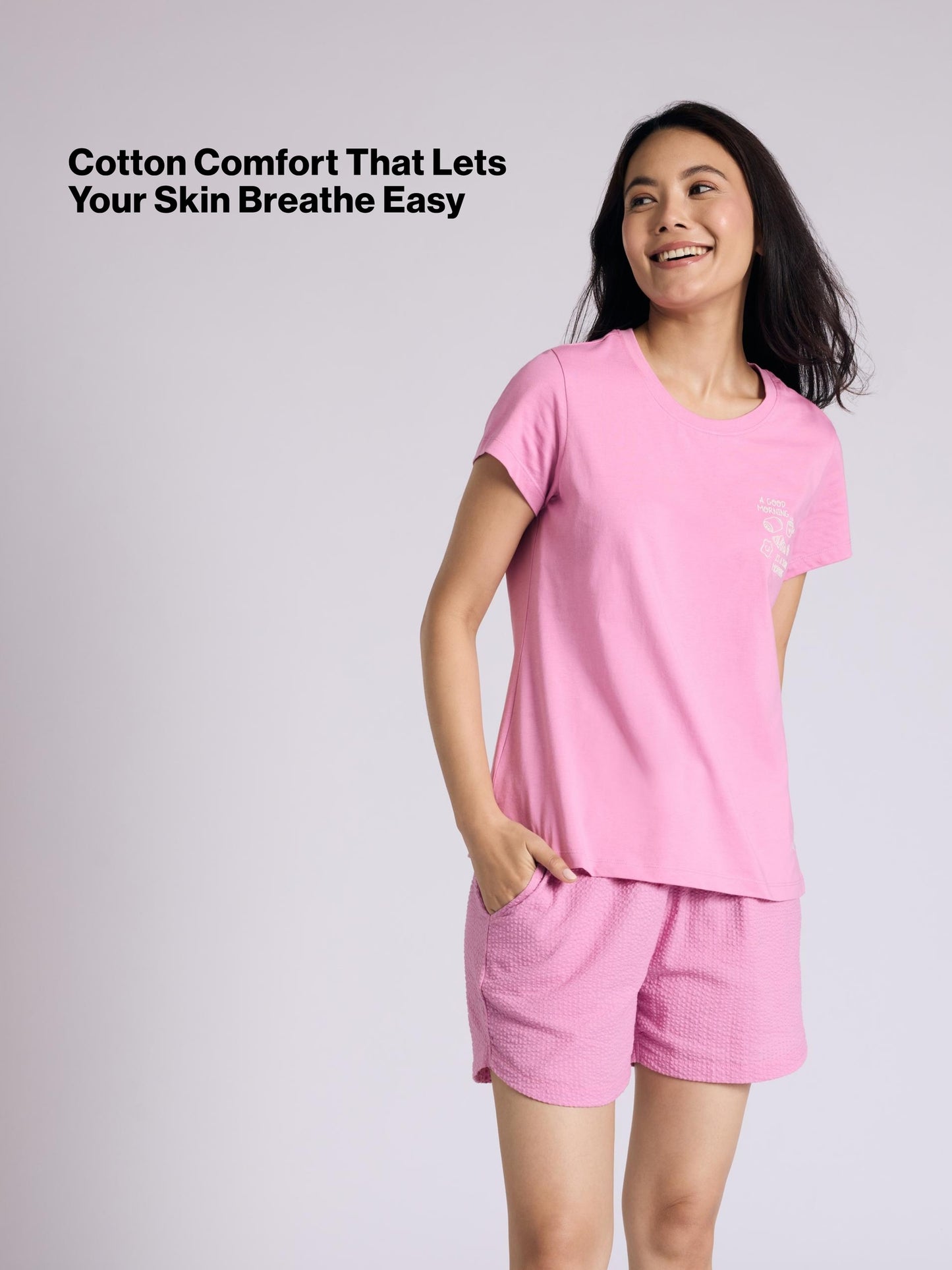 Nykd by Nykaa Essential Cotton Shorts Coord Set With Crew Neck Cotton Knit Tee Nys942 Pink Seer