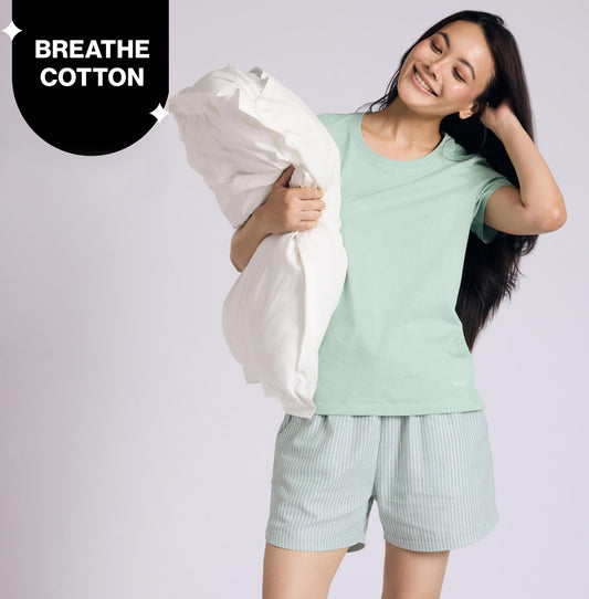 Nykd by Nykaa Essential Cotton Shorts Coord Set With Crew Neck Cotton Knit Tee Nys942 Green Stripe