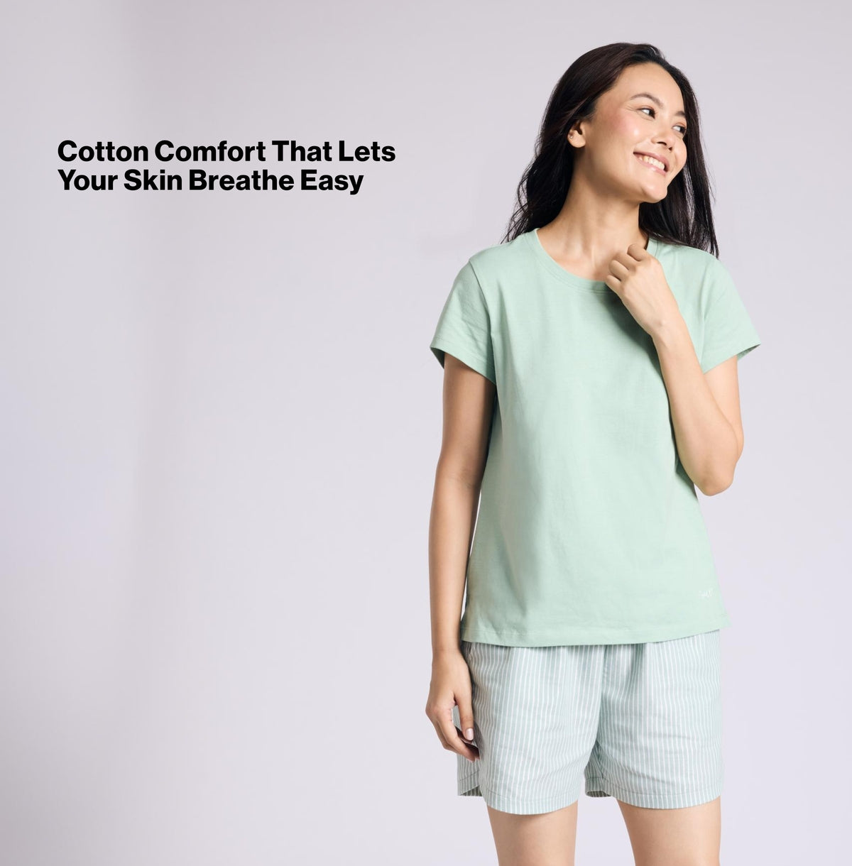 Nykd by Nykaa Essential Cotton Shorts Coord Set With Crew Neck Cotton Knit Tee Nys942 Green Stripe