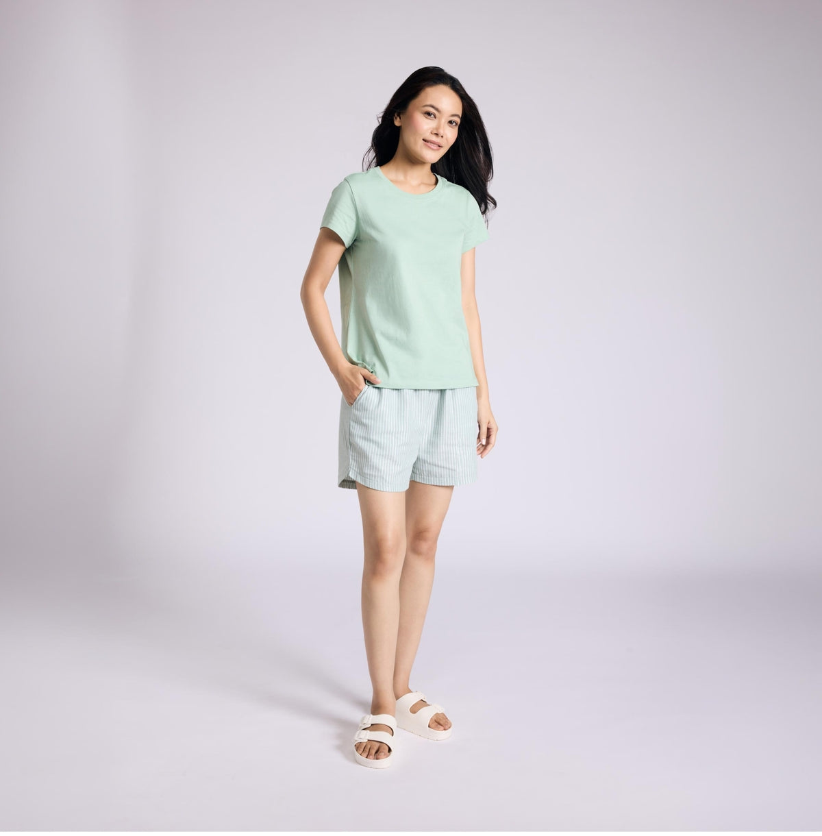 Nykd by Nykaa Essential Cotton Shorts Coord Set With Crew Neck Cotton Knit Tee Nys942 Green Stripe