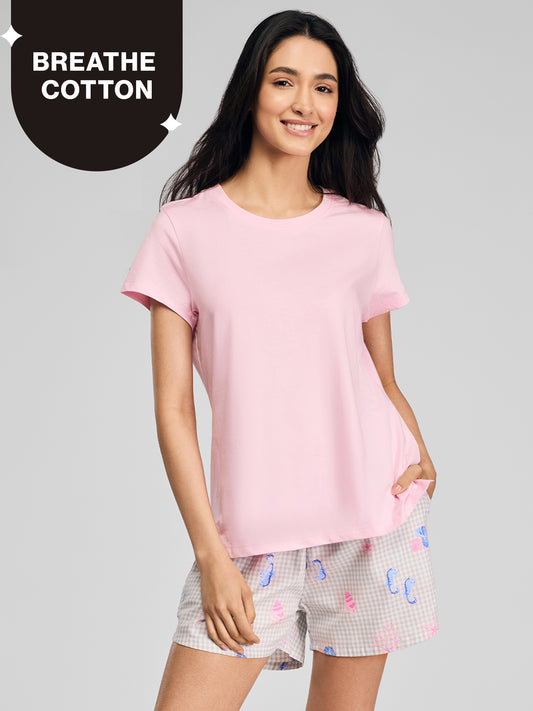 Nykd by Nykaa Essential Cotton Shorts Coord Set With Crew Neck Cotton Knit Tee Nys942 Pink Coastal