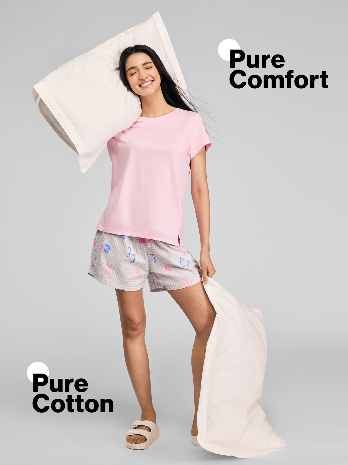 Nykd by Nykaa Essential Cotton Shorts Coord Set With Crew Neck Cotton Knit Tee Nys942 Pink Coastal
