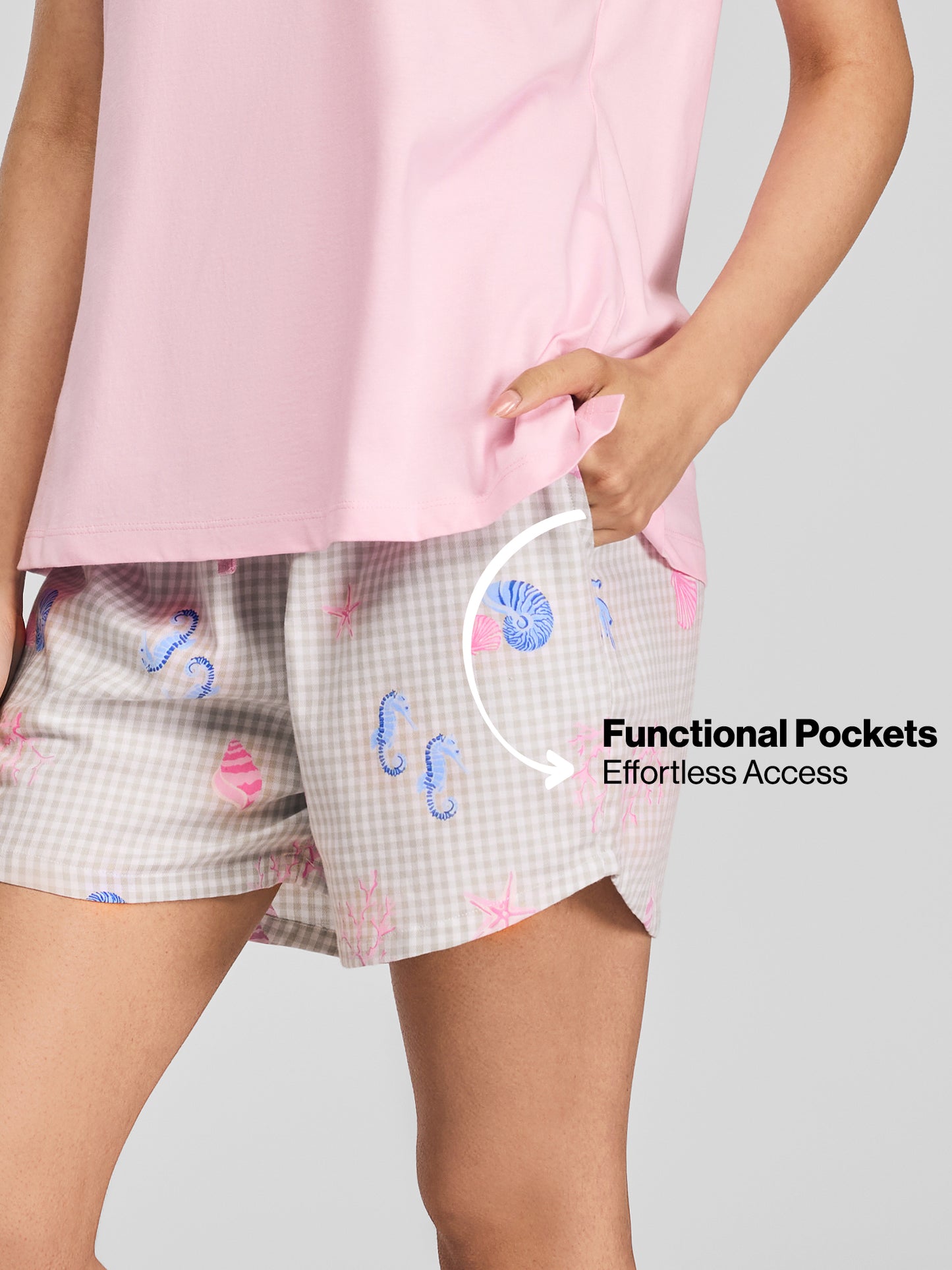 Nykd by Nykaa Essential Cotton Shorts Coord Set With Crew Neck Cotton Knit Tee Nys942 Pink Coastal