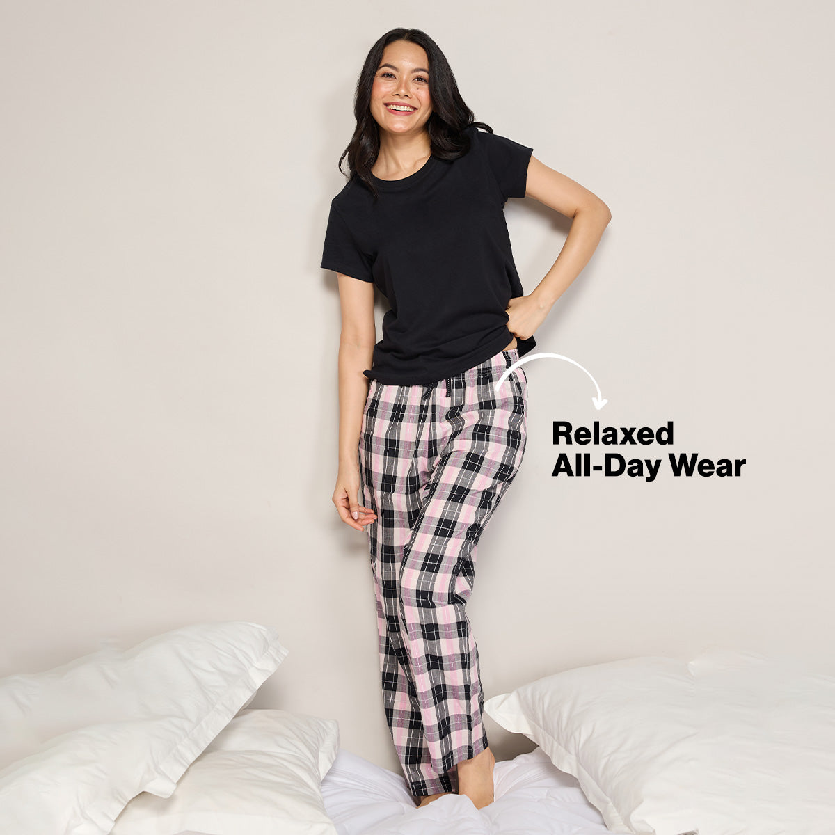 Nykd By Nykaa Essential Cotton Pyjama Coord Set With Crew Neck Cotton Knit Tee Nys943 Black