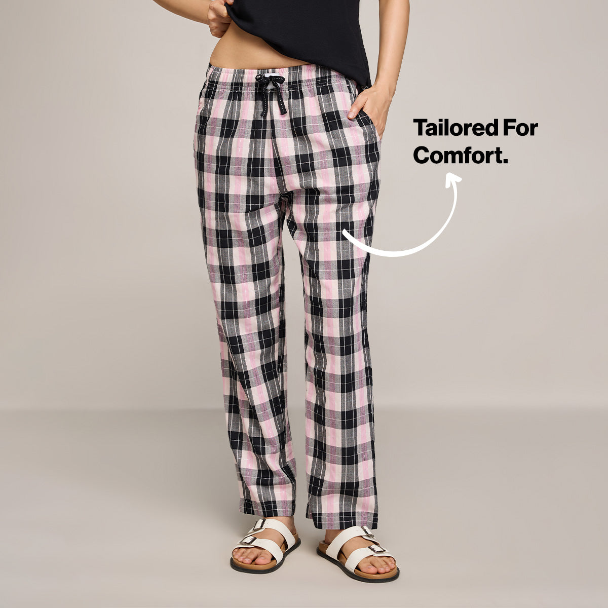 Nykd By Nykaa Essential Cotton Pyjama Coord Set With Crew Neck Cotton Knit Tee Nys943 Black