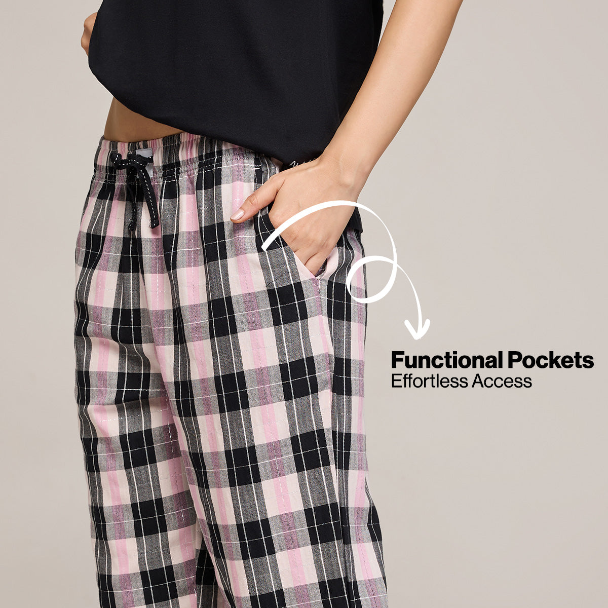 Nykd By Nykaa Essential Cotton Pyjama Coord Set With Crew Neck Cotton Knit Tee Nys943 Black