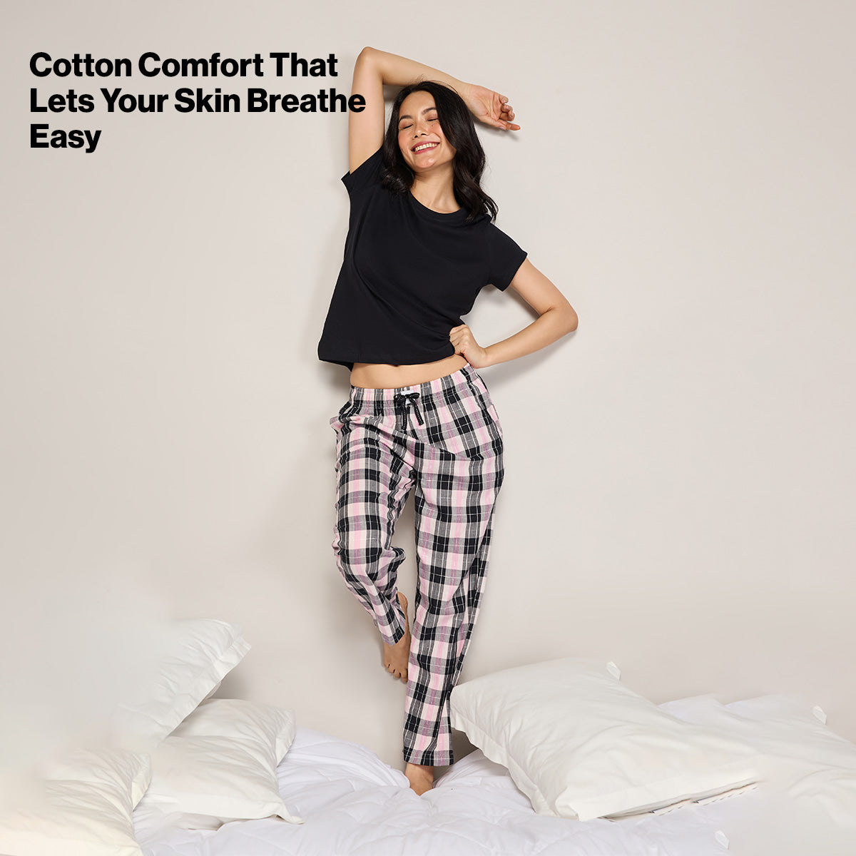 Nykd By Nykaa Essential Cotton Pyjama Coord Set With Crew Neck Cotton Knit Tee Nys943 Black