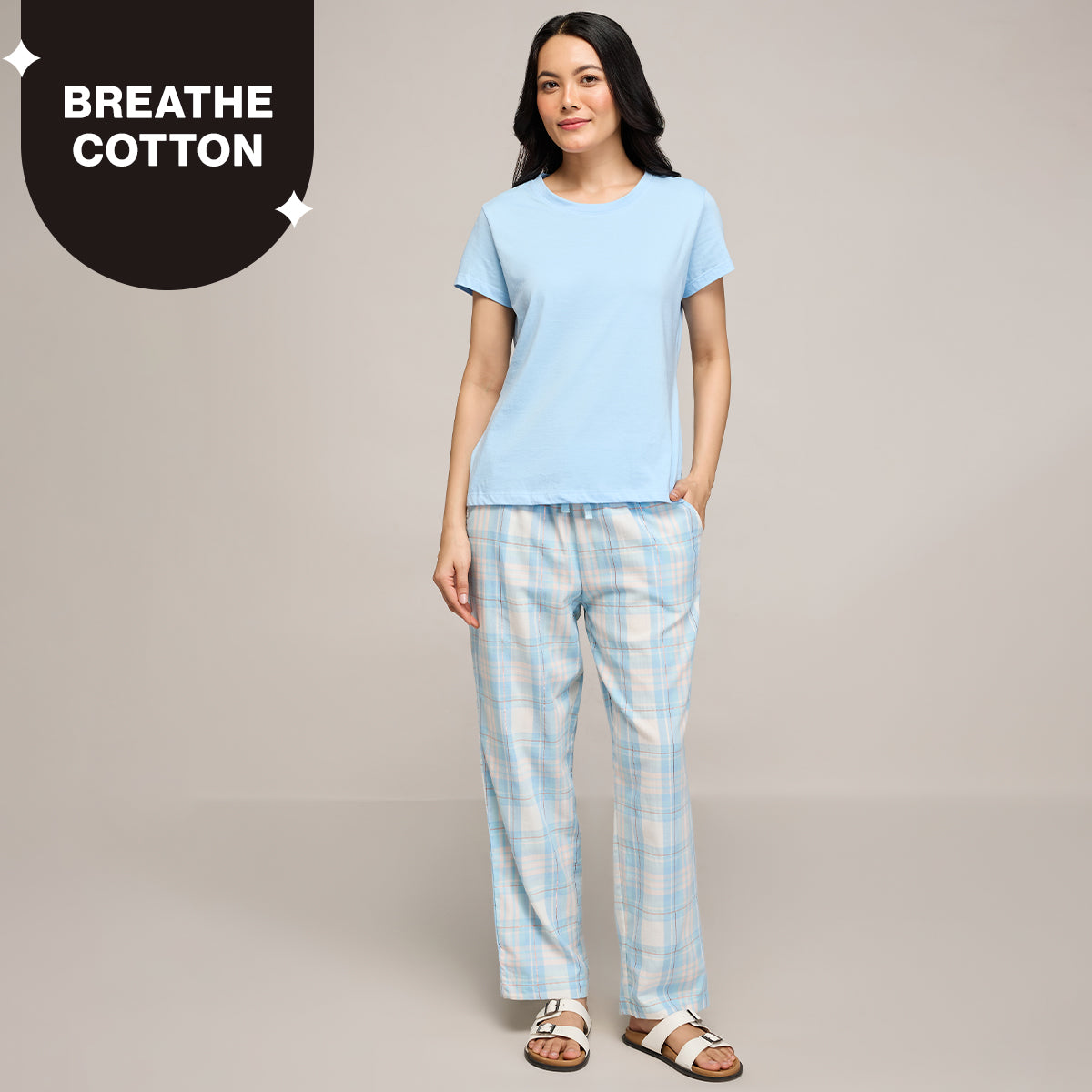 Nykd By Nykaa Essential Cotton Pyjama Coord Set With Crew Neck Cotton Knit Tee Nys943 Blue