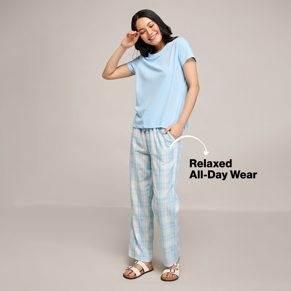 Nykd By Nykaa Essential Cotton Pyjama Coord Set With Crew Neck Cotton Knit Tee Nys943 Blue