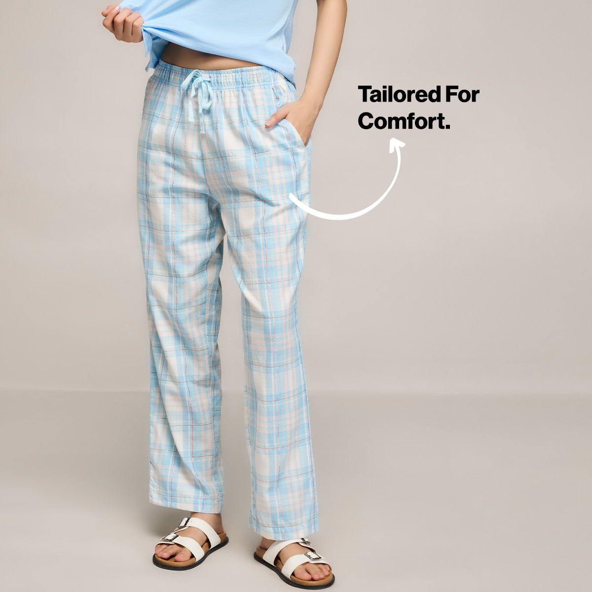 Nykd By Nykaa Essential Cotton Pyjama Coord Set With Crew Neck Cotton Knit Tee Nys943 Blue